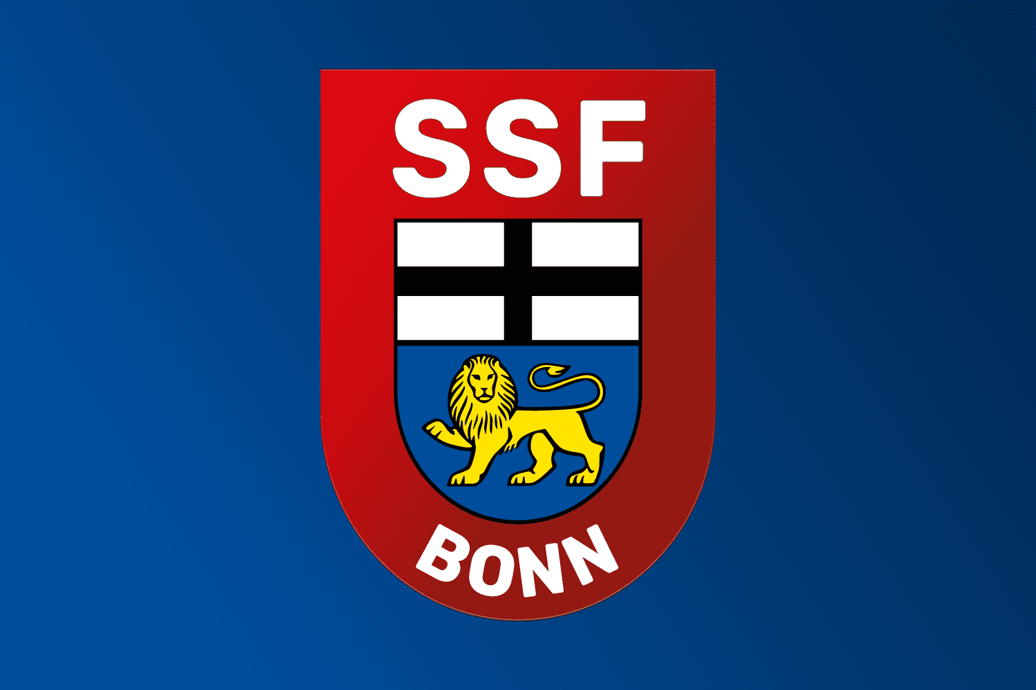 Logo des SSF Bonn mit rotem Schild, weißen Balken und einem gelben Löwen auf blauem Hintergrund.