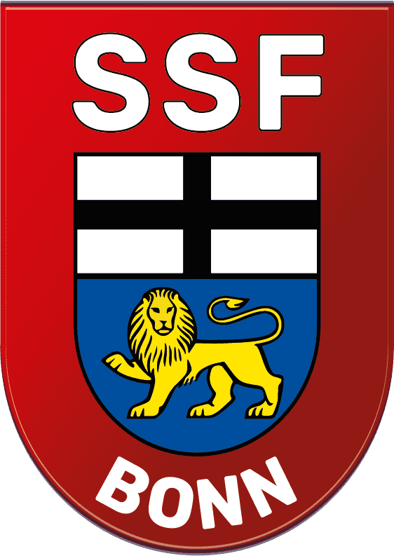 Wappen des SSF Bonn mit rotem Hintergrund, schwarzem Kreuz und goldenem Löwen auf blauem Grund.