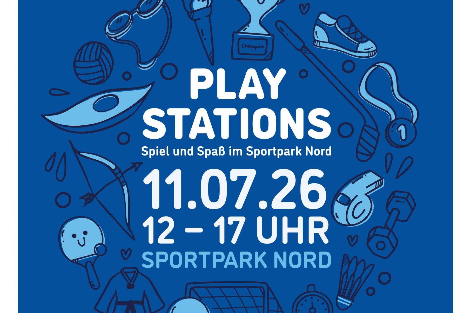 Plakat für ein Spielefest im Sportpark Nord, Datum 11.07.26, Uhrzeit 12-17 Uhr, mit bunten Sportmotiven sowie Infos zu Aktivitäten.