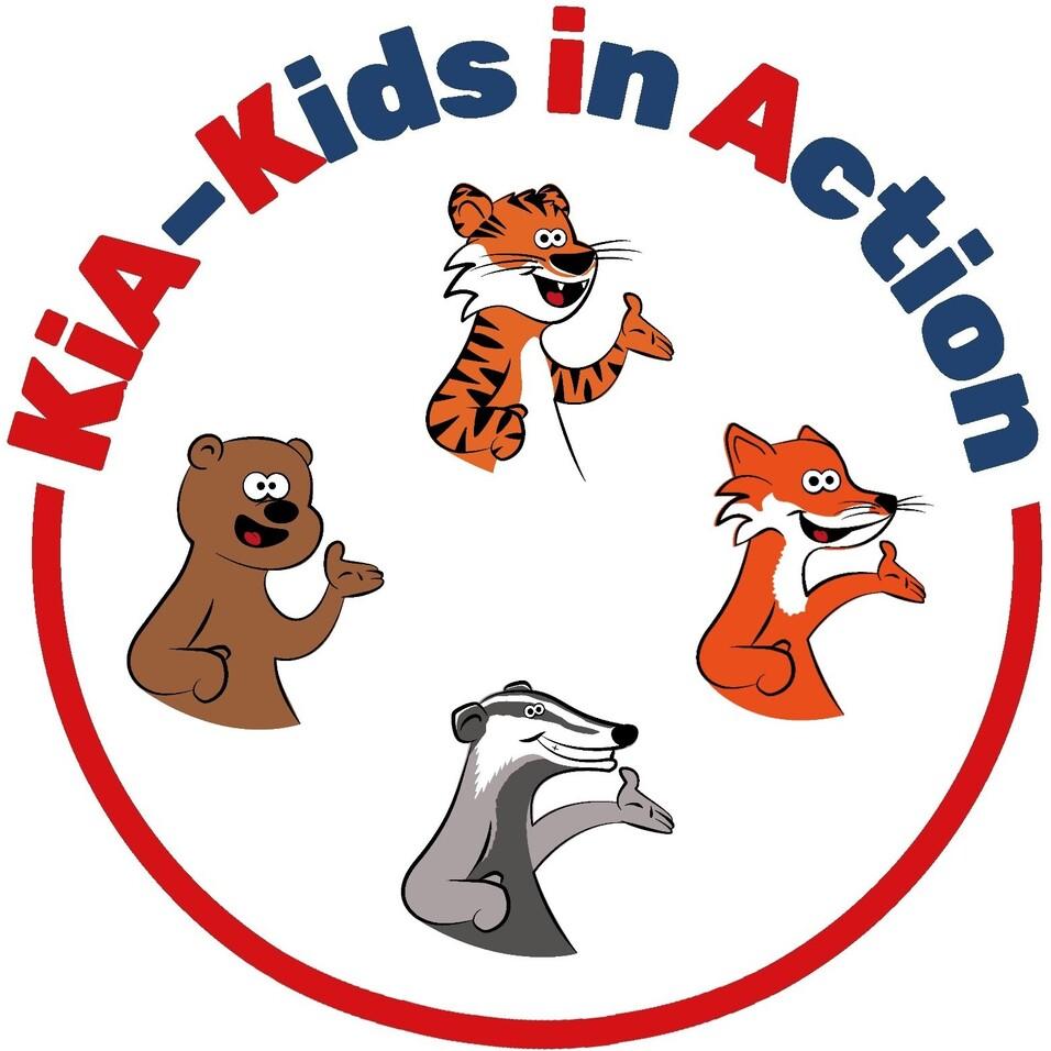 Logo der Initiative „KiA - Kids in Action“ mit vier Tiermaskottchen: Bär, Tiger, Fuchs und Dachs in einem bunten Kreis.
