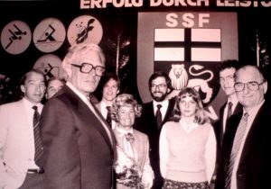 Festakt am 17.05.1980: Ehrenvorsitzender Hermann Henze mit Exmeistern, Festredner Prof. Klaus Steinbach und Präsident Dr. Hans Riegel